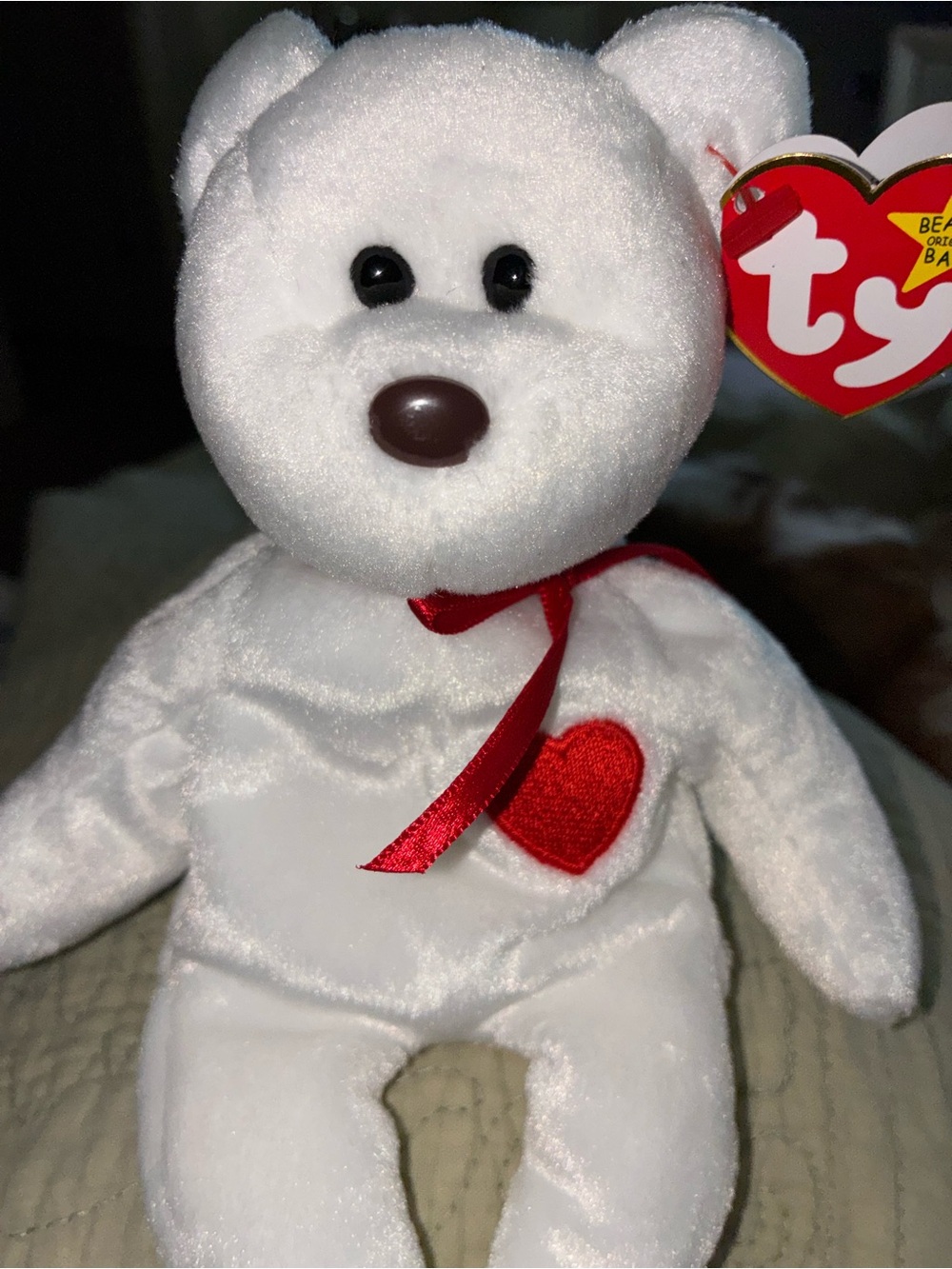 Ty White Bear Plush with Red Heart and Ribbon